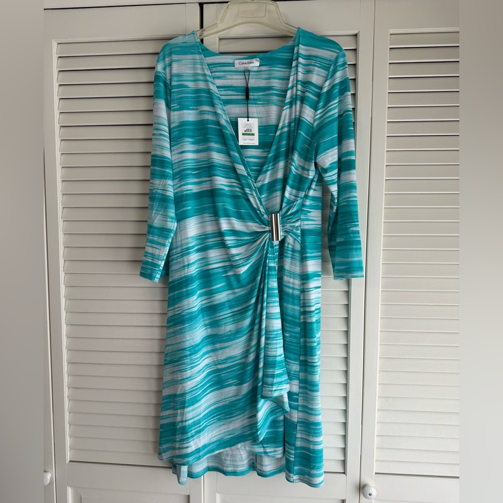 Calvin Klein long sleeve faux wrap sheath dress green white